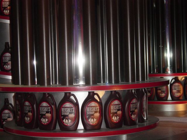 assembly line filling bottles of chocolate syrup